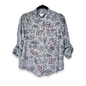 J.Jill Cotton Chambray Floral Gardening Work Shirt Tab Sleeve Long Sleeve Petite